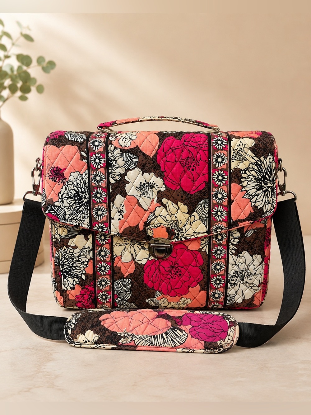 Vera Bradley Mocha Rouge Attache Laptop Messenger Bag Quilted Floral Pattern